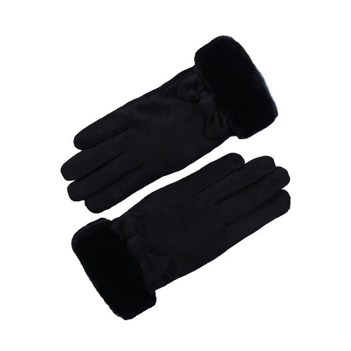 1 Pair Women Winter Gloves Thickened Plush Soft Five Fingers Bow Decor Solid Color Windproof Heat Retention Cycling Image 2