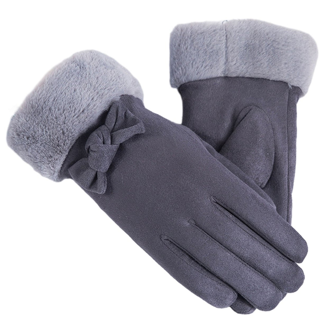 1 Pair Women Winter Gloves Thickened Plush Soft Five Fingers Bow Decor Solid Color Windproof Heat Retention Cycling Image 1