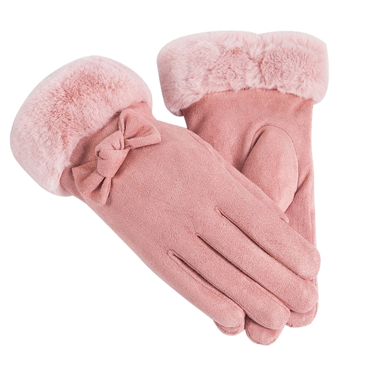 1 Pair Women Winter Gloves Thickened Plush Soft Five Fingers Bow Decor Solid Color Windproof Heat Retention Cycling Image 4