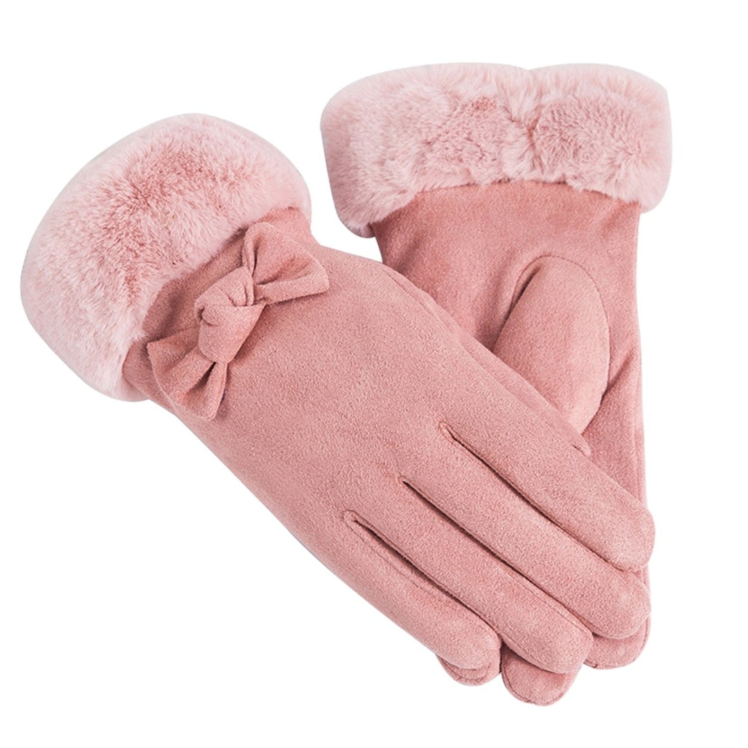 1 Pair Women Winter Gloves Thickened Plush Soft Five Fingers Bow Decor Solid Color Windproof Heat Retention Cycling Image 1