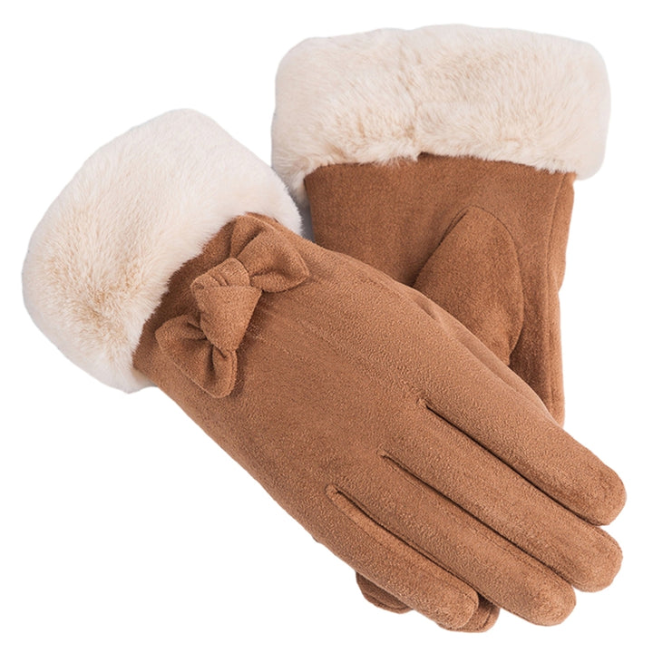 1 Pair Women Winter Gloves Thickened Plush Soft Five Fingers Bow Decor Solid Color Windproof Heat Retention Cycling Image 4