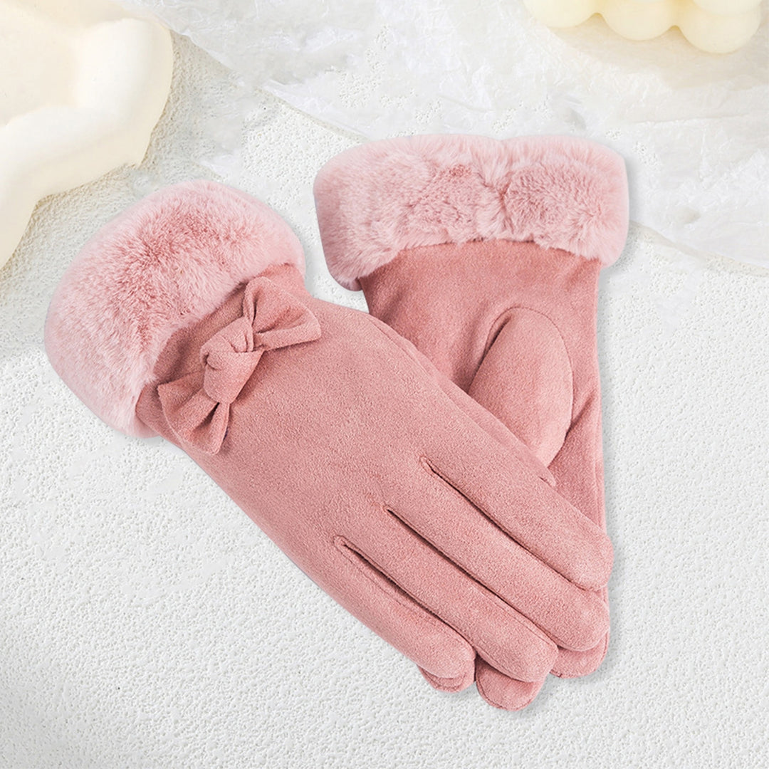1 Pair Women Winter Gloves Thickened Plush Soft Five Fingers Bow Decor Solid Color Windproof Heat Retention Cycling Image 6