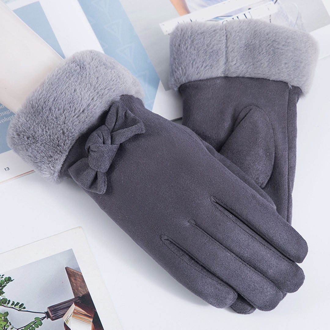 1 Pair Women Winter Gloves Thickened Plush Soft Five Fingers Bow Decor Solid Color Windproof Heat Retention Cycling Image 7