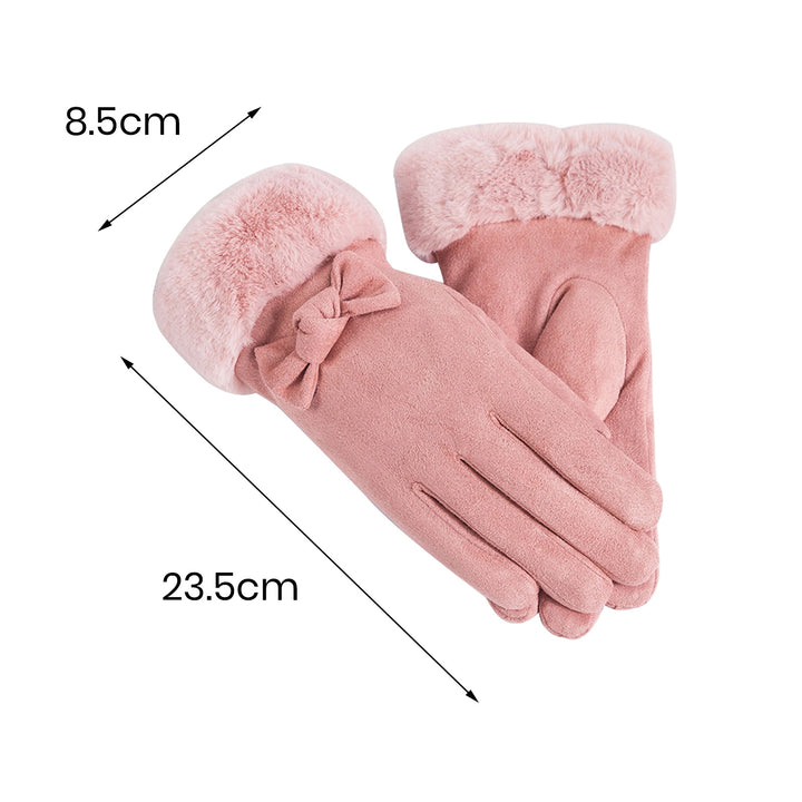 1 Pair Women Winter Gloves Thickened Plush Soft Five Fingers Bow Decor Solid Color Windproof Heat Retention Cycling Image 9