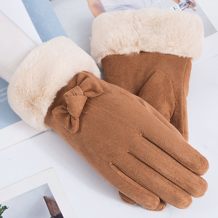 1 Pair Women Winter Gloves Thickened Plush Soft Five Fingers Bow Decor Solid Color Windproof Heat Retention Cycling Image 10