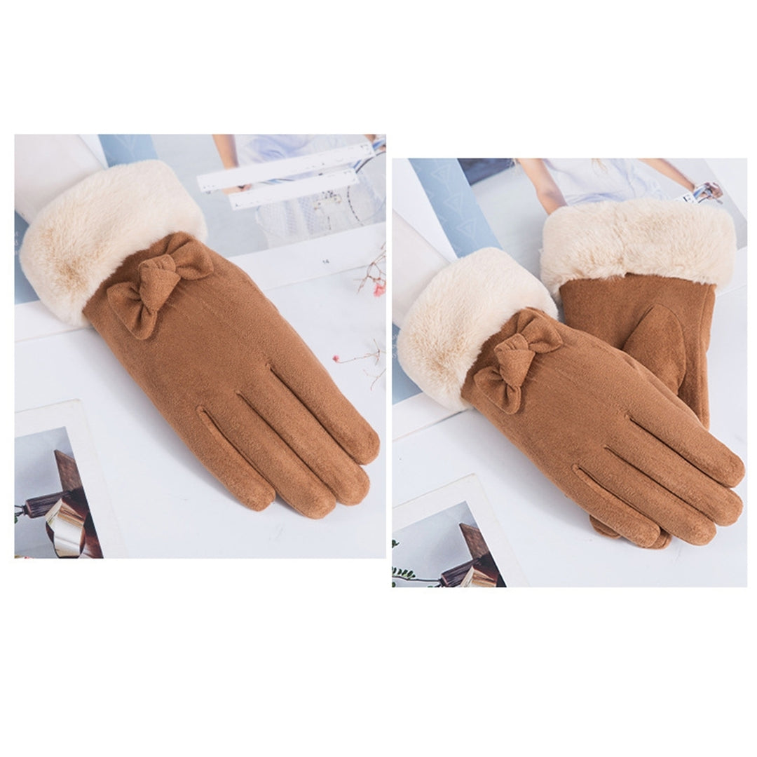 1 Pair Women Winter Gloves Thickened Plush Soft Five Fingers Bow Decor Solid Color Windproof Heat Retention Cycling Image 12