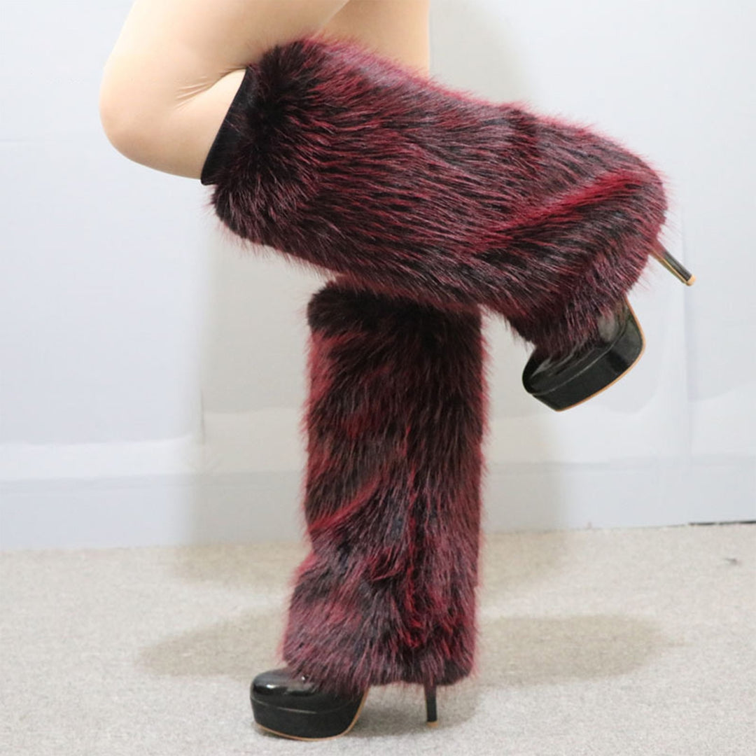 1 Pair Women Imitation Fox faux Leg Warmers Solid Color Elastic Furry Boot Covers Knee-length Long Socks Fashion Image 9