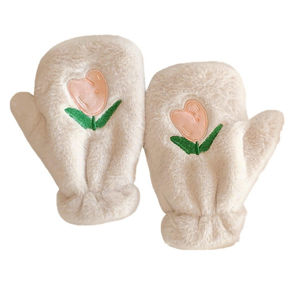 1 Pair Autumn Winter Embroidered Tulip Warm Plush Gloves Outdoor Riding Velvet Thickened Windproof Student Finger Gloves Image 2