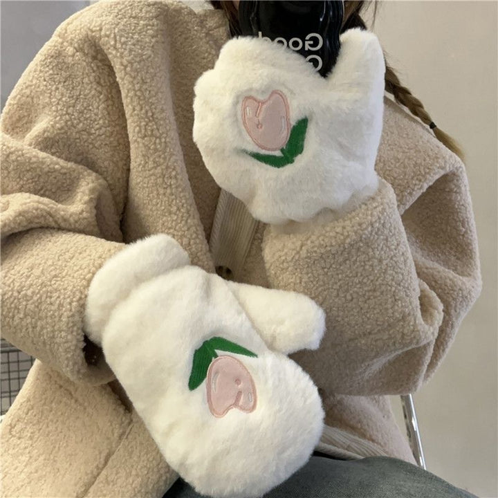 1 Pair Autumn Winter Embroidered Tulip Warm Plush Gloves Outdoor Riding Velvet Thickened Windproof Student Finger Gloves Image 4