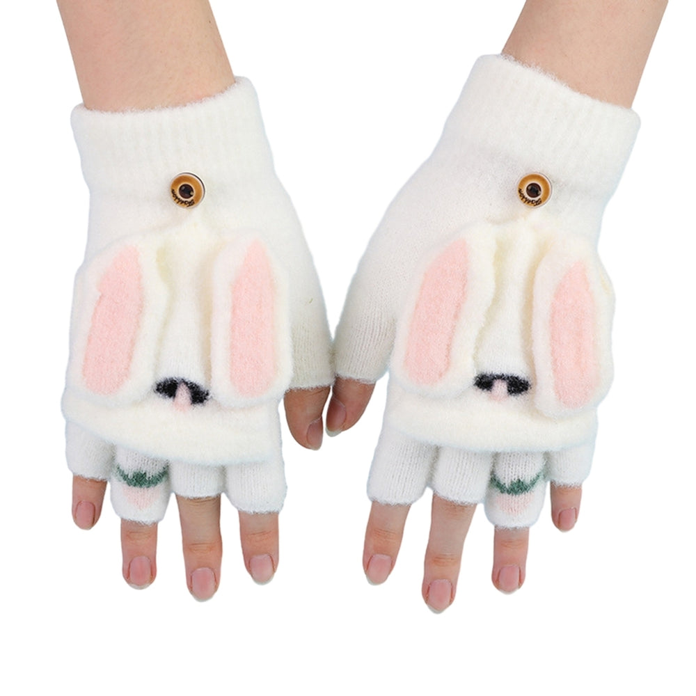 1 Pair Gloves Cartoon Rabbit Decor Knitted Soft Finger Hat Cover Touch Screen Color Matching Image 2