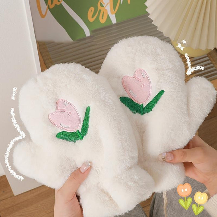 1 Pair Autumn Winter Embroidered Tulip Warm Plush Gloves Outdoor Riding Velvet Thickened Windproof Student Finger Gloves Image 12