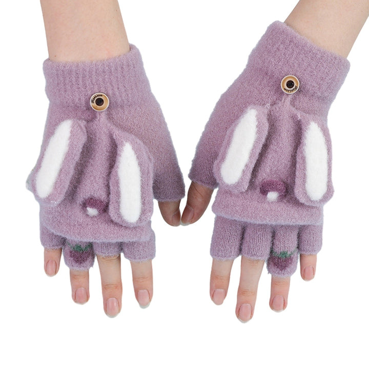 1 Pair Gloves Cartoon Rabbit Decor Knitted Soft Finger Hat Cover Touch Screen Color Matching Image 1