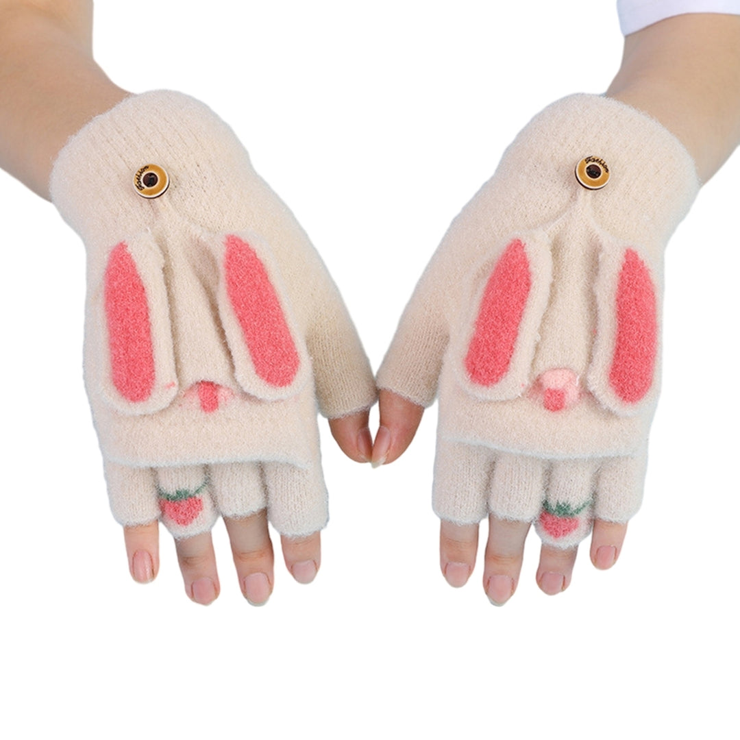 1 Pair Gloves Cartoon Rabbit Decor Knitted Soft Finger Hat Cover Touch Screen Color Matching Image 6