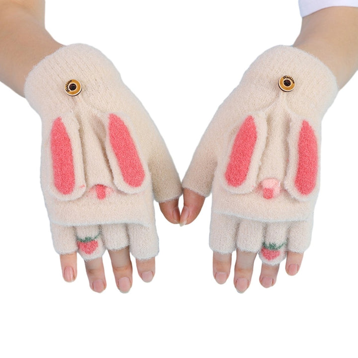 1 Pair Gloves Cartoon Rabbit Decor Knitted Soft Finger Hat Cover Touch Screen Color Matching Image 1