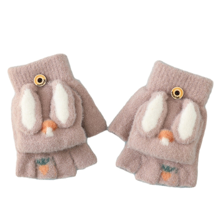 1 Pair Gloves Cartoon Rabbit Decor Knitted Soft Finger Hat Cover Touch Screen Color Matching Image 7