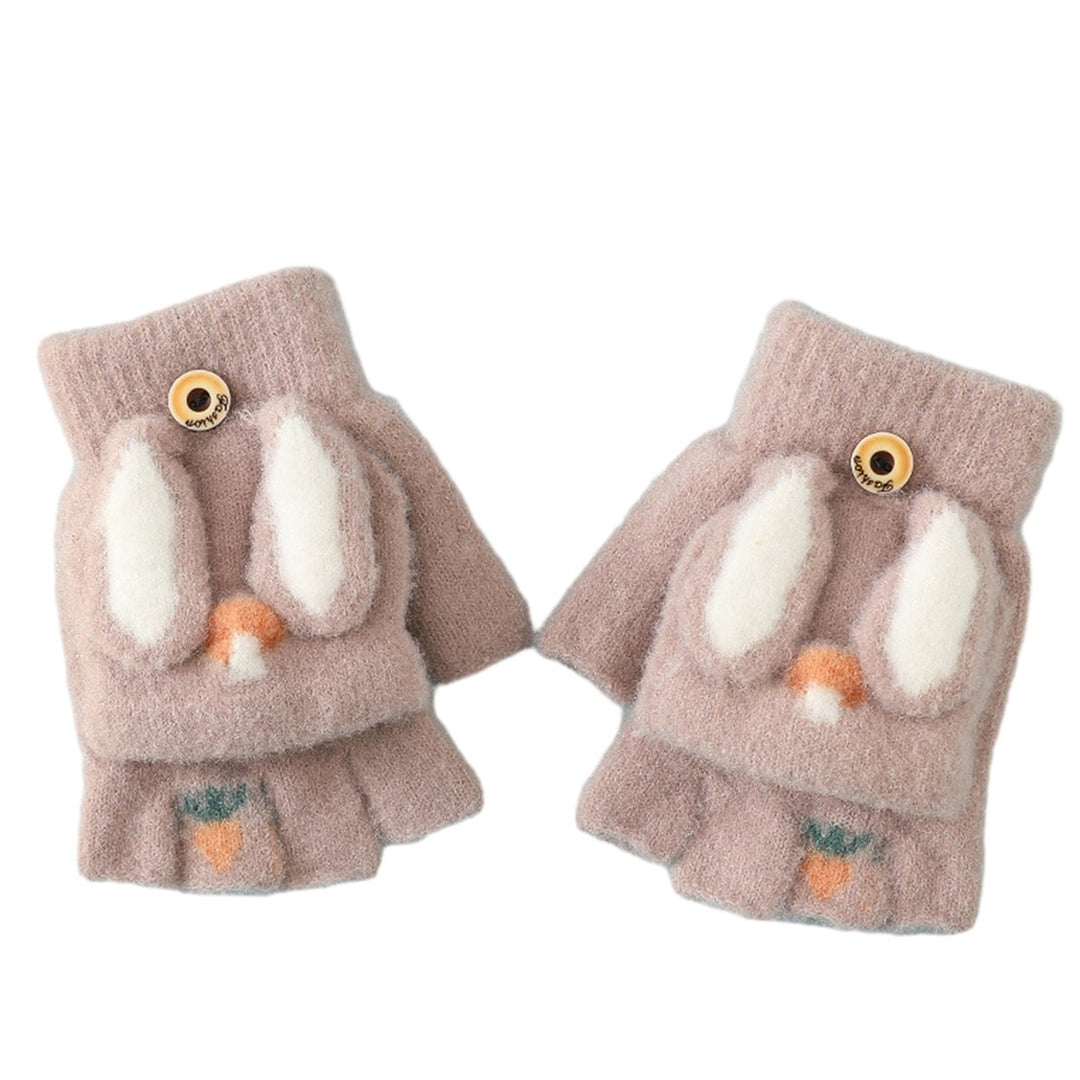 1 Pair Gloves Cartoon Rabbit Decor Knitted Soft Finger Hat Cover Touch Screen Color Matching Image 1