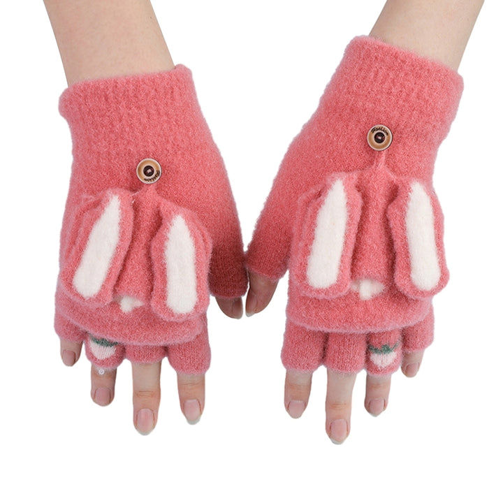 1 Pair Gloves Cartoon Rabbit Decor Knitted Soft Finger Hat Cover Touch Screen Color Matching Image 8