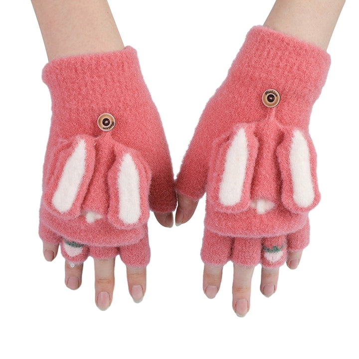 1 Pair Gloves Cartoon Rabbit Decor Knitted Soft Finger Hat Cover Touch Screen Color Matching Image 1