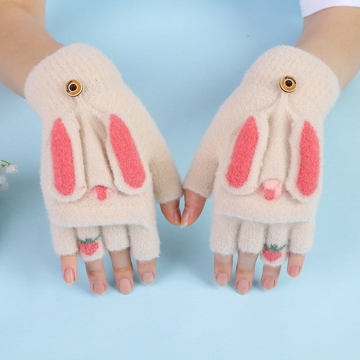 1 Pair Gloves Cartoon Rabbit Decor Knitted Soft Finger Hat Cover Touch Screen Color Matching Image 9