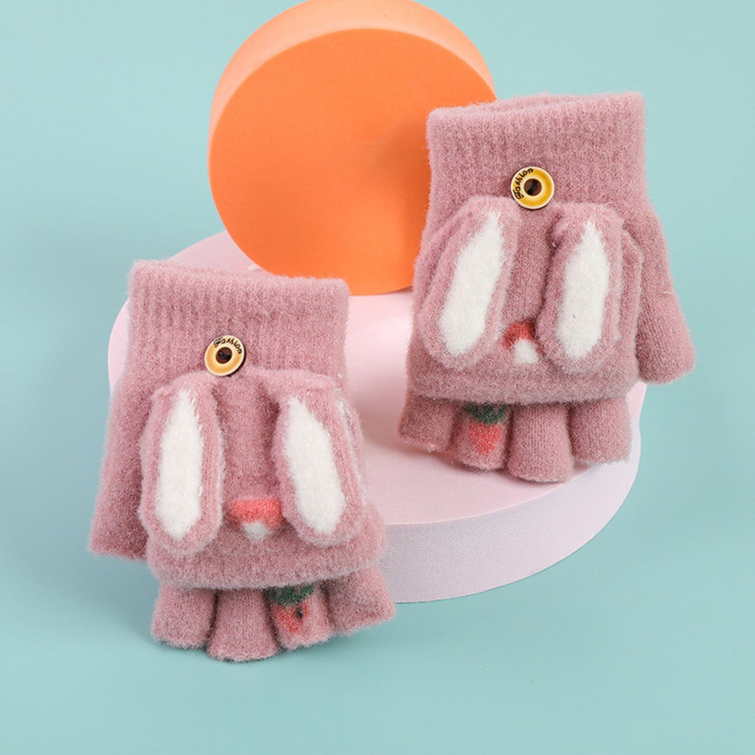 1 Pair Gloves Cartoon Rabbit Decor Knitted Soft Finger Hat Cover Touch Screen Color Matching Image 10