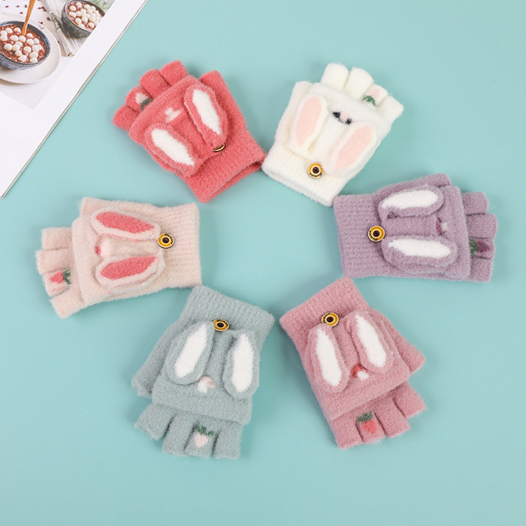 1 Pair Gloves Cartoon Rabbit Decor Knitted Soft Finger Hat Cover Touch Screen Color Matching Image 11