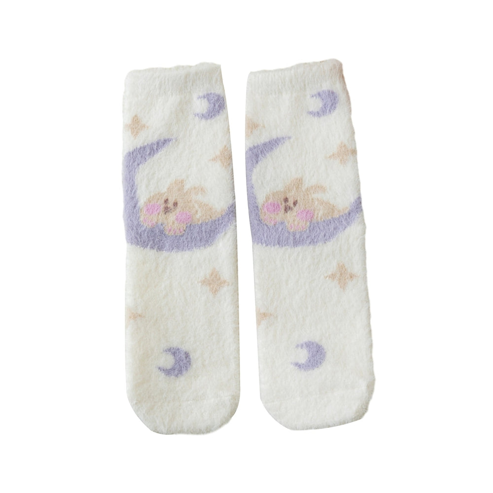 1 Pair Women Winter Socks Thick Cartoon Rabbit Print Sweet Color Mid-tube Elastic Anti-slip Warm Soft Ankle Protection Image 2