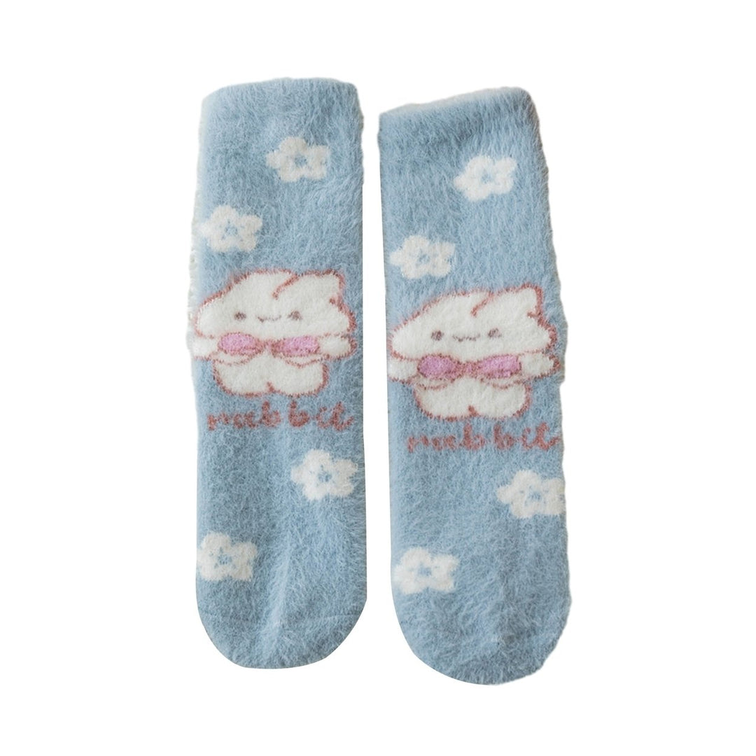 1 Pair Women Winter Socks Thick Cartoon Rabbit Print Sweet Color Mid-tube Elastic Anti-slip Warm Soft Ankle Protection Image 1
