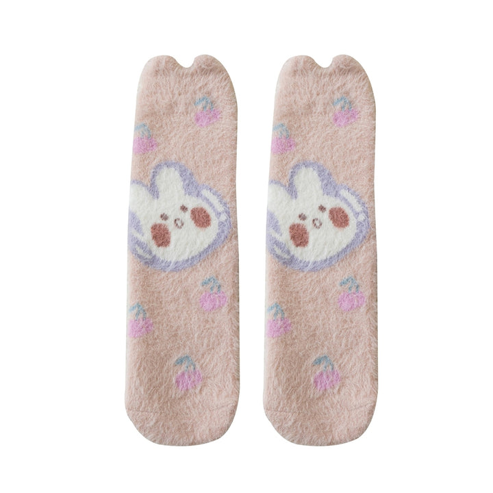1 Pair Women Winter Socks Thick Cartoon Rabbit Print Sweet Color Mid-tube Elastic Anti-slip Warm Soft Ankle Protection Image 4