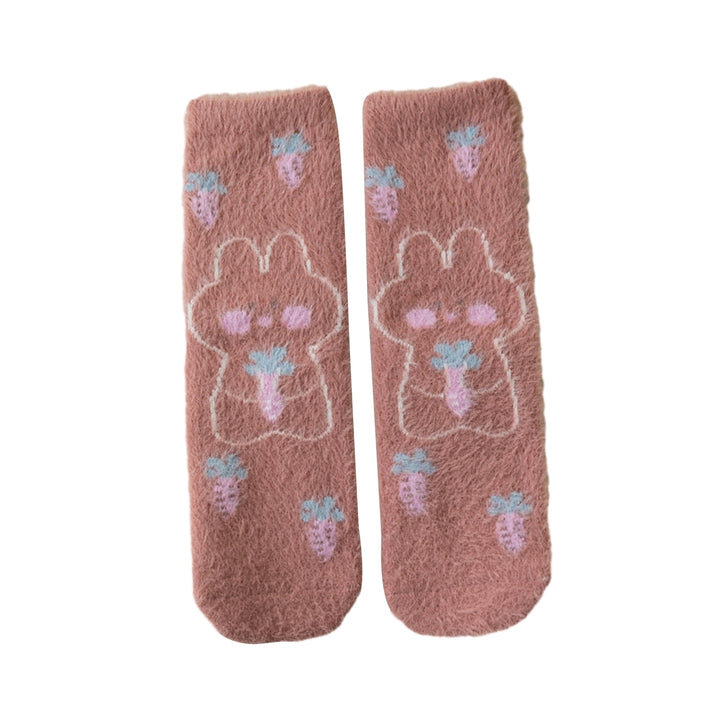 1 Pair Women Winter Socks Thick Cartoon Rabbit Print Sweet Color Mid-tube Elastic Anti-slip Warm Soft Ankle Protection Image 6