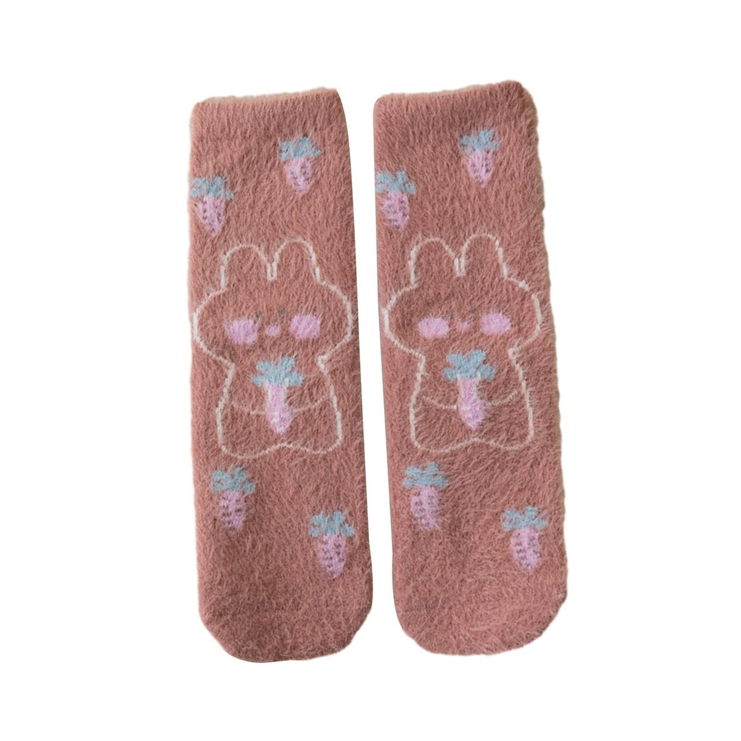 1 Pair Women Winter Socks Thick Cartoon Rabbit Print Sweet Color Mid-tube Elastic Anti-slip Warm Soft Ankle Protection Image 1