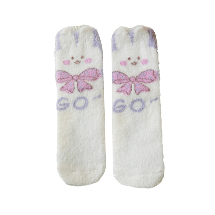 1 Pair Women Winter Socks Thick Cartoon Rabbit Print Sweet Color Mid-tube Elastic Anti-slip Warm Soft Ankle Protection Image 7