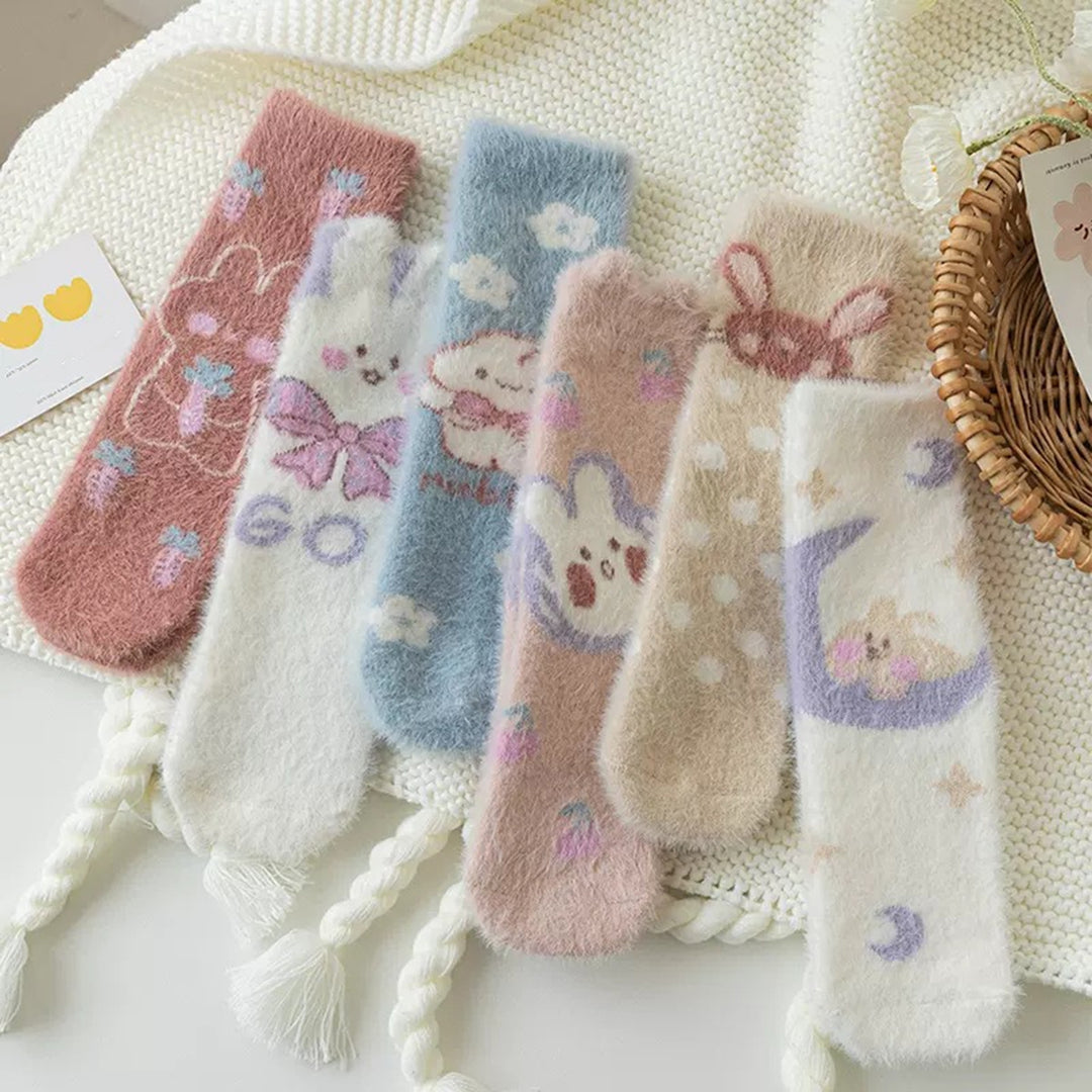 1 Pair Women Winter Socks Thick Cartoon Rabbit Print Sweet Color Mid-tube Elastic Anti-slip Warm Soft Ankle Protection Image 8
