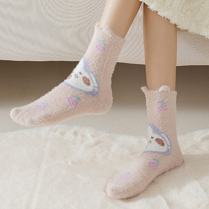 1 Pair Women Winter Socks Thick Cartoon Rabbit Print Sweet Color Mid-tube Elastic Anti-slip Warm Soft Ankle Protection Image 10