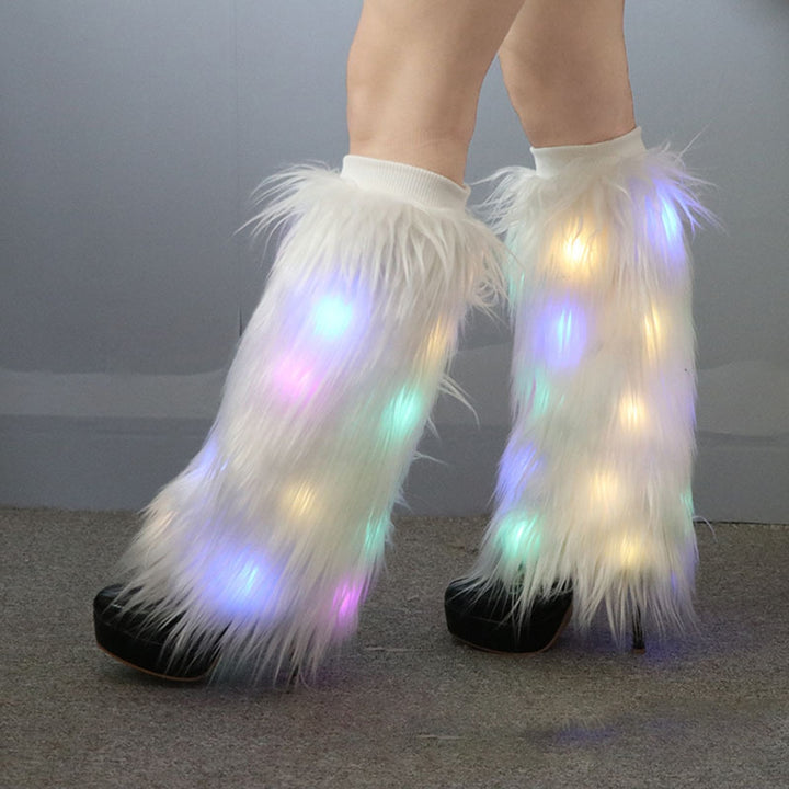 1 Pair Women Autumn Winter LED Light Furry Leg Warmers Imitation faux Boot Covers Plush Elastic Leg Socks Fashion Image 2