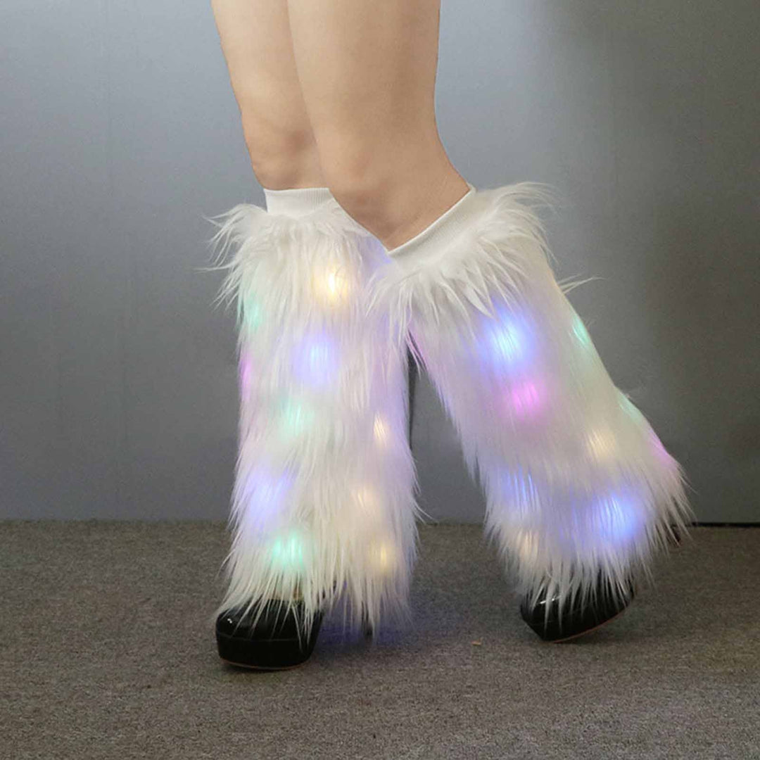 1 Pair Women Autumn Winter LED Light Furry Leg Warmers Imitation faux Boot Covers Plush Elastic Leg Socks Fashion Image 3