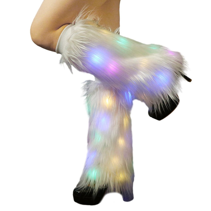 1 Pair Women Autumn Winter LED Light Furry Leg Warmers Imitation faux Boot Covers Plush Elastic Leg Socks Fashion Image 4