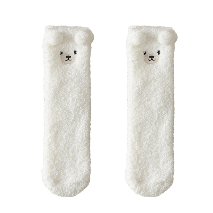 1 Pair Women Winter Coral Fleece Fuzzy Socks Embroidery Bear Pattern Thickened Plush Floor Socks Mid-tube Home Sleeping Image 2