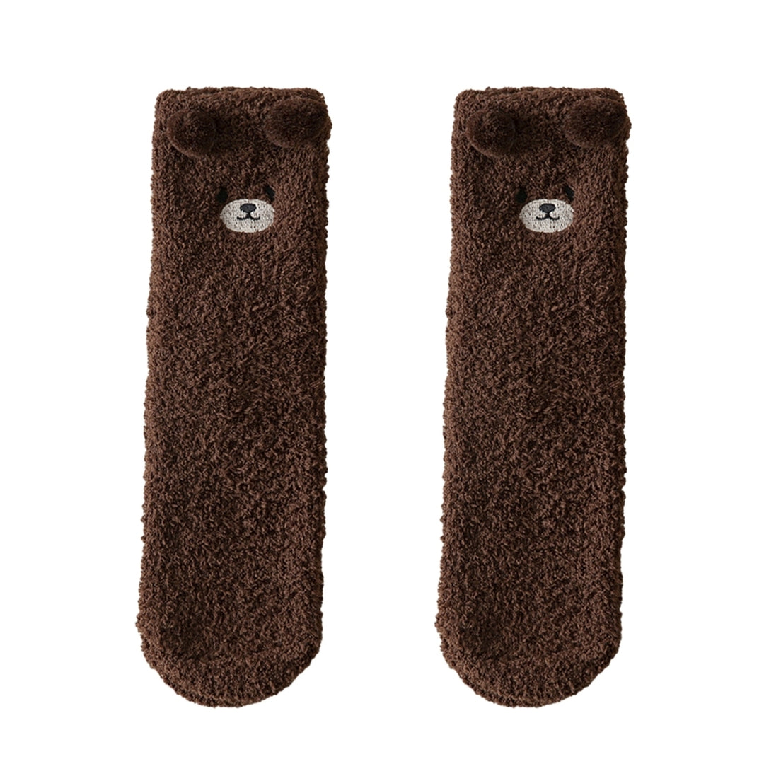 1 Pair Women Winter Coral Fleece Fuzzy Socks Embroidery Bear Pattern Thickened Plush Floor Socks Mid-tube Home Sleeping Image 3