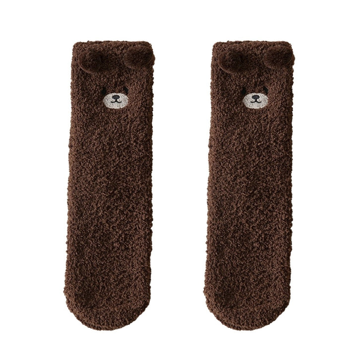 1 Pair Women Winter Coral Fleece Fuzzy Socks Embroidery Bear Pattern Thickened Plush Floor Socks Mid-tube Home Sleeping Image 1