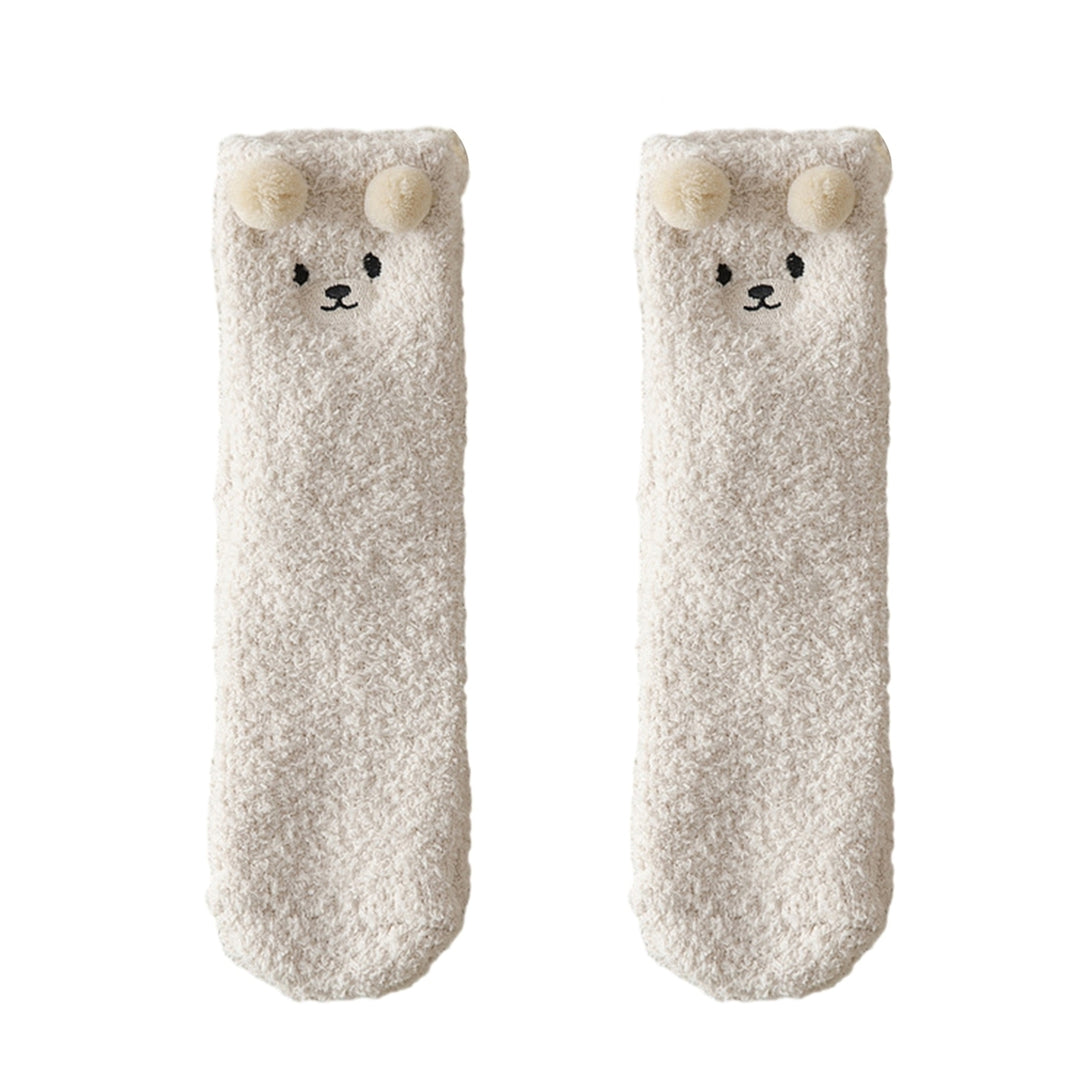 1 Pair Women Winter Coral Fleece Fuzzy Socks Embroidery Bear Pattern Thickened Plush Floor Socks Mid-tube Home Sleeping Image 4