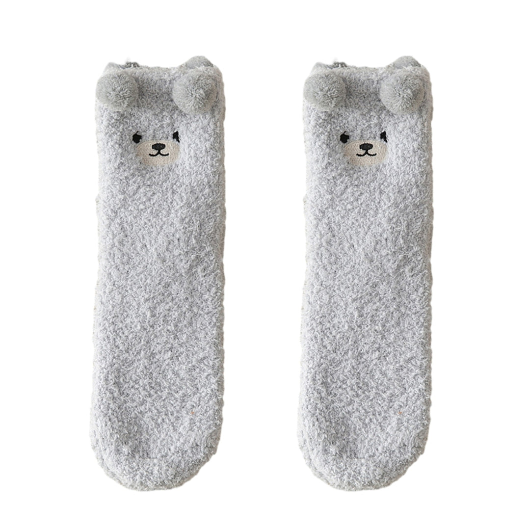 1 Pair Women Winter Coral Fleece Fuzzy Socks Embroidery Bear Pattern Thickened Plush Floor Socks Mid-tube Home Sleeping Image 1