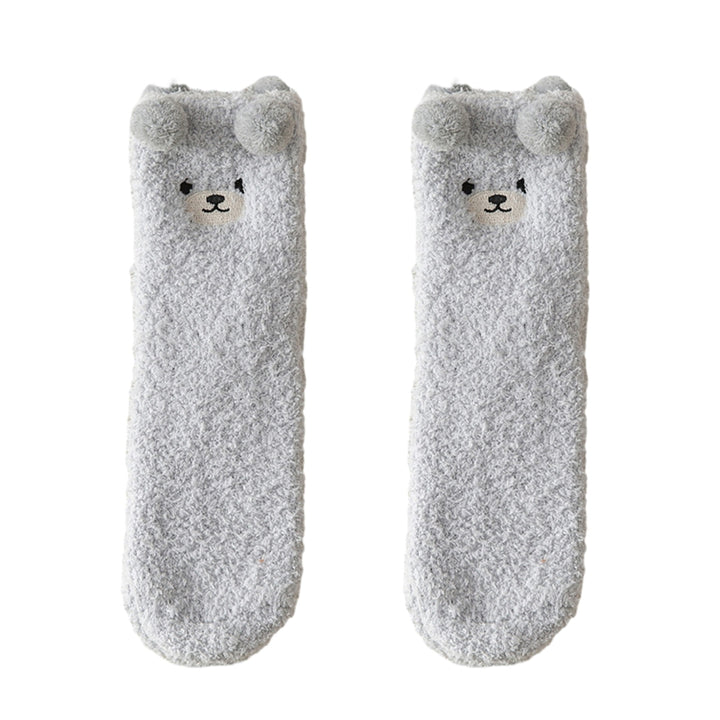 1 Pair Women Winter Coral Fleece Fuzzy Socks Embroidery Bear Pattern Thickened Plush Floor Socks Mid-tube Home Sleeping Image 6