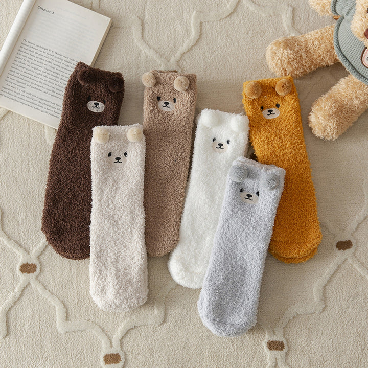 1 Pair Women Winter Coral Fleece Fuzzy Socks Embroidery Bear Pattern Thickened Plush Floor Socks Mid-tube Home Sleeping Image 8