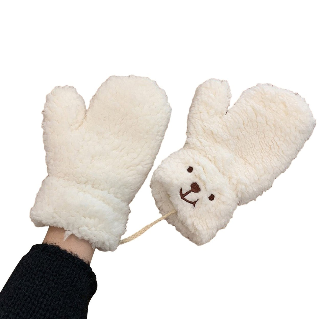 1 Pair Winter Gloves Thick Plush Cartoon Bear Decor Windproof Heat Retention Anti-slip Cycling Outdoor Neck-hanging Image 1