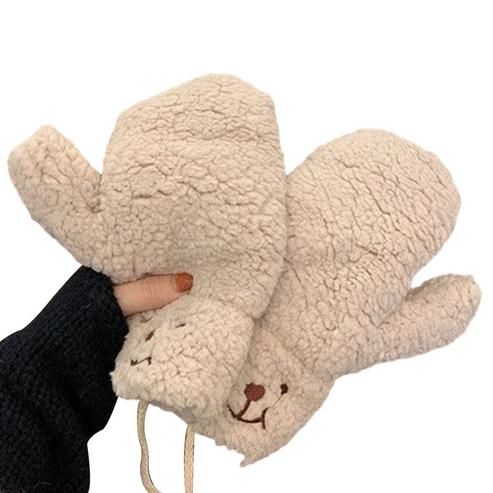 1 Pair Winter Gloves Thick Plush Cartoon Bear Decor Windproof Heat Retention Anti-slip Cycling Outdoor Neck-hanging Image 3