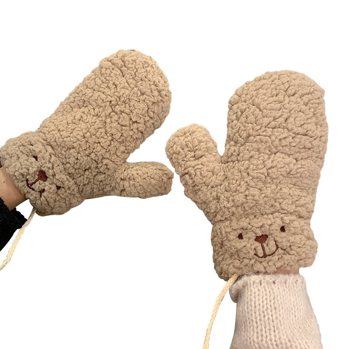 1 Pair Winter Gloves Thick Plush Cartoon Bear Decor Windproof Heat Retention Anti-slip Cycling Outdoor Neck-hanging Image 1