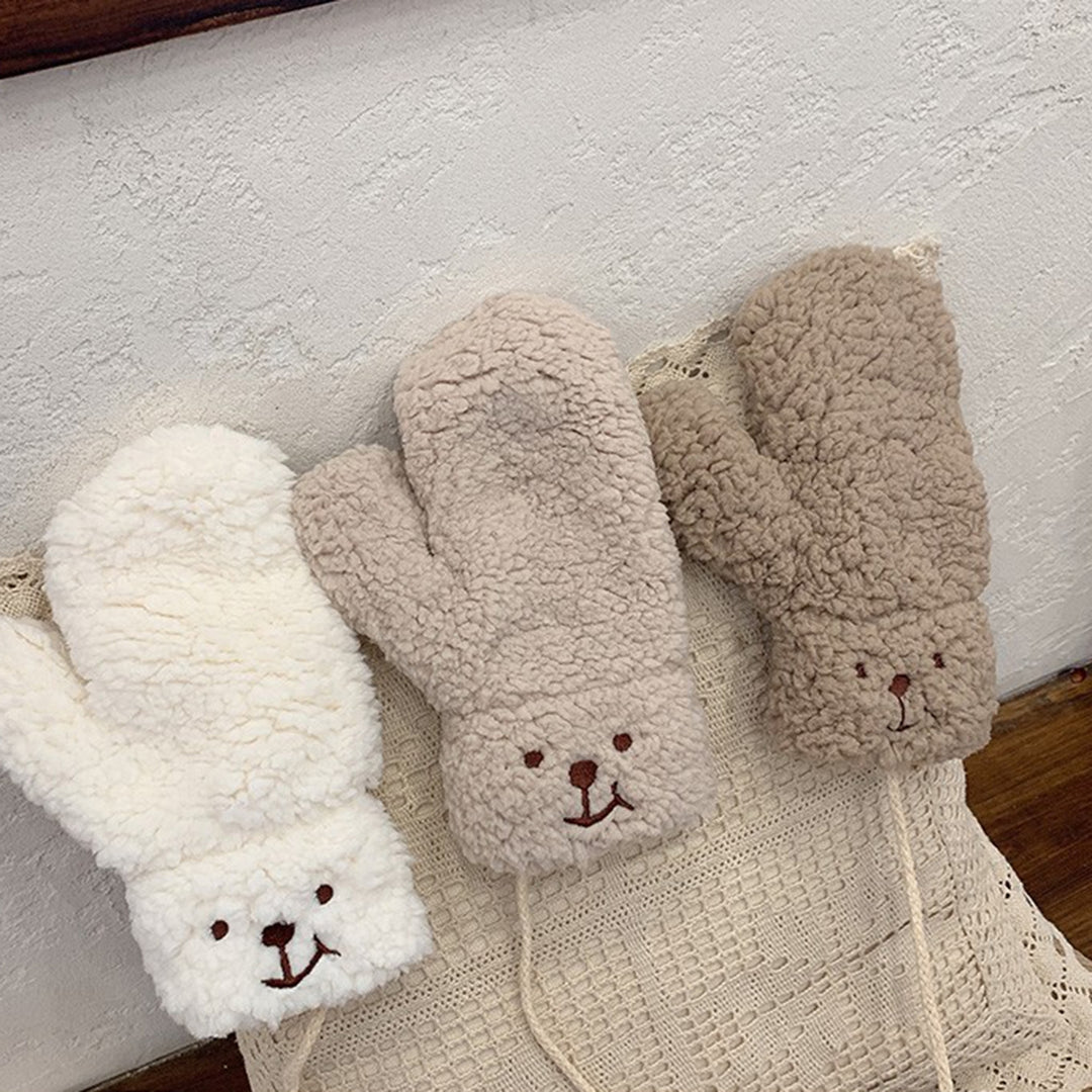1 Pair Winter Gloves Thick Plush Cartoon Bear Decor Windproof Heat Retention Anti-slip Cycling Outdoor Neck-hanging Image 4