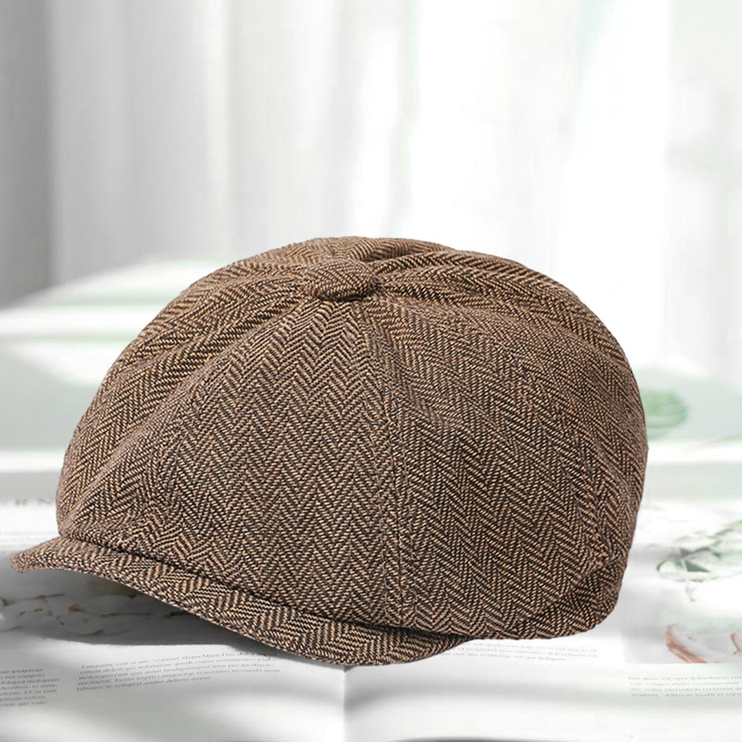 Men Autumn Winter Classic Herringbone Pattern Octagonal Hat Extended Brim Beret Hat Newspaper Painter Hat Fashion Image 9