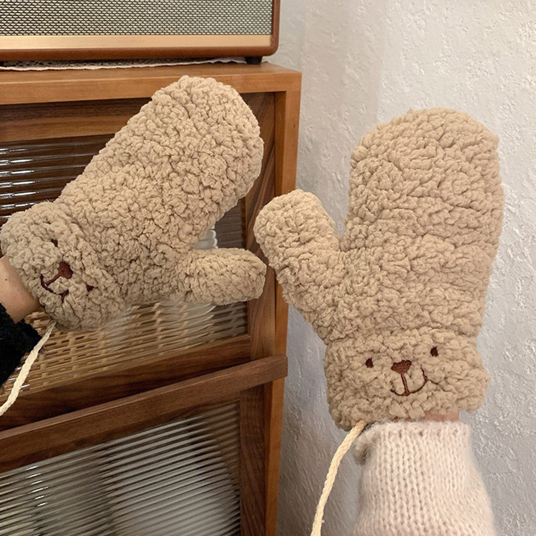 1 Pair Winter Gloves Thick Plush Cartoon Bear Decor Windproof Heat Retention Anti-slip Cycling Outdoor Neck-hanging Image 11