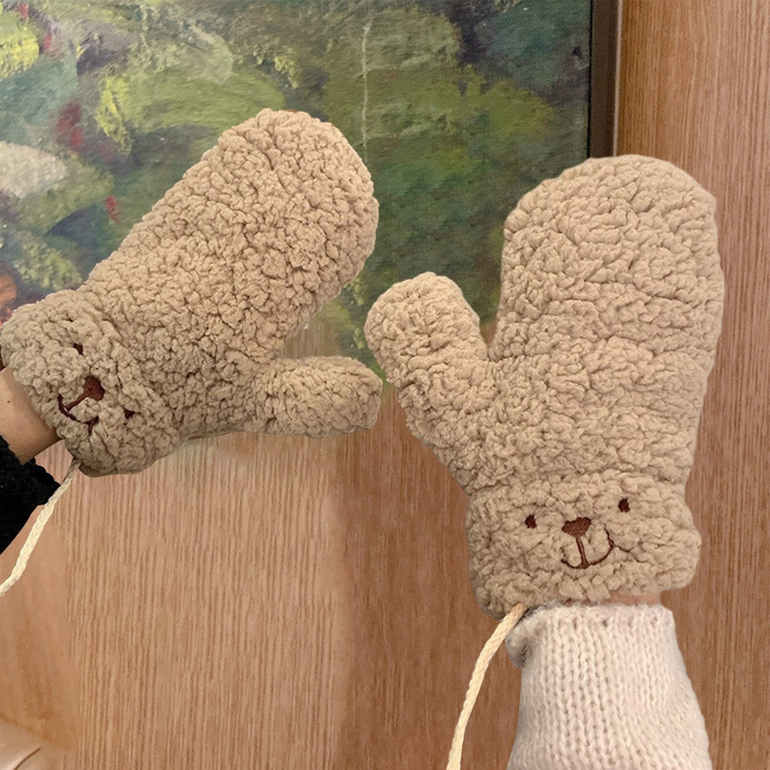 1 Pair Winter Gloves Thick Plush Cartoon Bear Decor Windproof Heat Retention Anti-slip Cycling Outdoor Neck-hanging Image 12